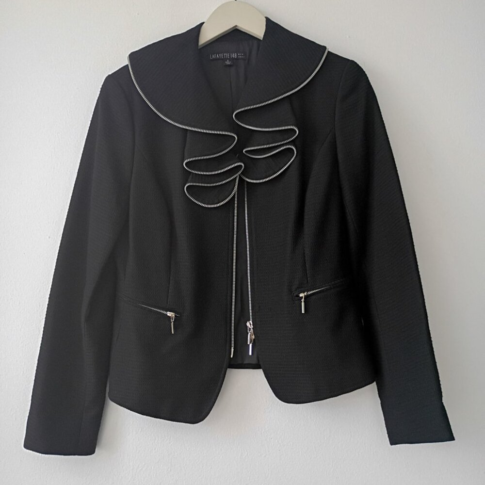 Lafayette 148 NYC Black Ruffle Trim Zip Jacket Blazer – Size 6